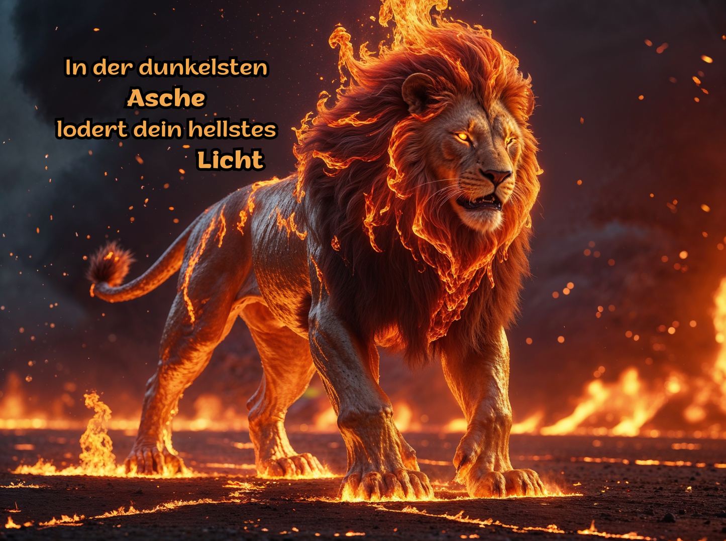 In der dunkelsten Asche lodert dein hellstes Licht - Brennender Löwe